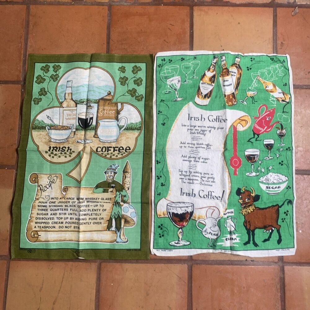 Lot of (2) Vintage Irish Coffee Recipe Tea Towels Pure Linen Made in Ireland